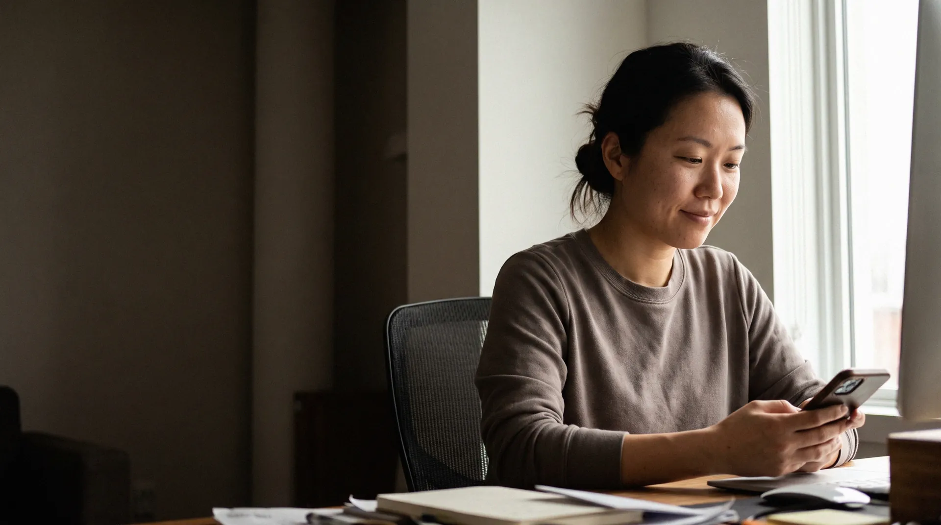 A sales rep at their desk just after a call, follow-up drafted by Allo